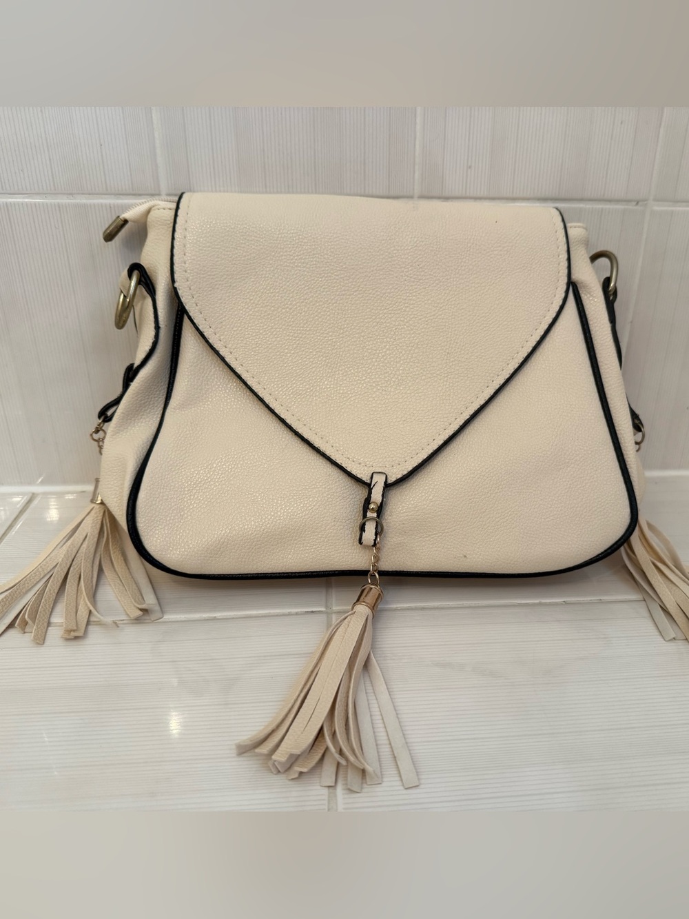 Cream Tassel Accent Crossbody Bag